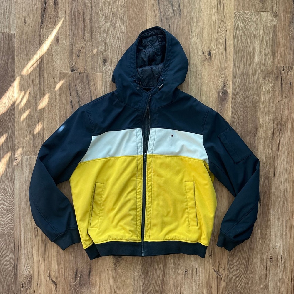 Tommy Hilfiger Mens Yen Softshell Hooded Jacket Navy White Yellow Size XL
